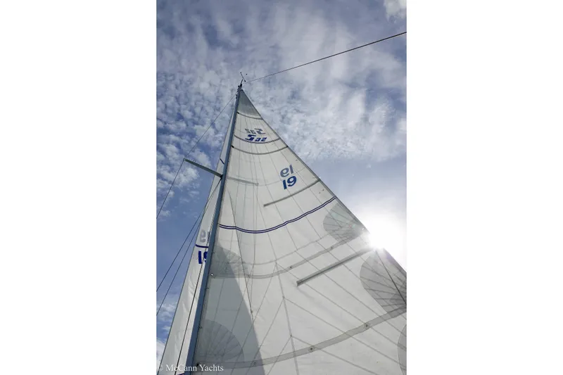 Slide: The Image of Sail of 1984 Sabre 32 Aft-Cabin yacht against a cloudy sky. - 27