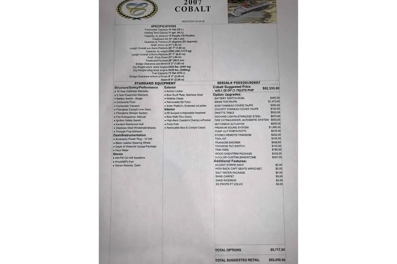 Slide: The Image of 2007 Cobalt 252 boat specifications and pricing details with optional upgrades listed. - 100