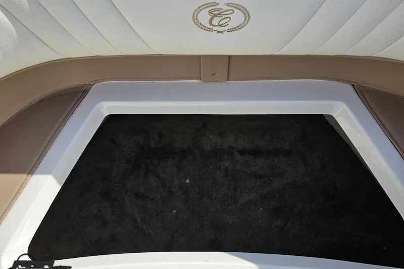 Slide: The Image of 2007 Cobalt 252 boat interior storage compartment with logo on white upholstery. - 82