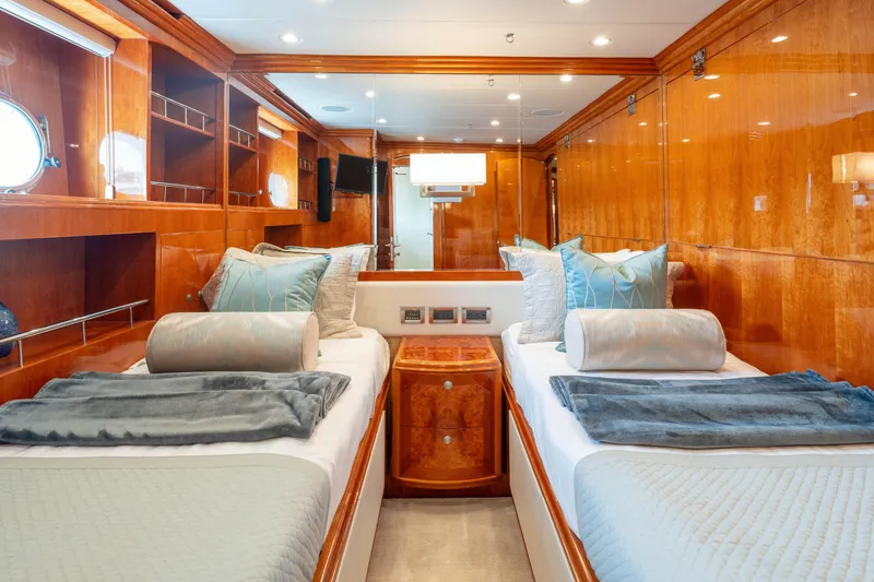 Slide: The Image of Luxurious twin cabin interior on 2009 Hargrave Raised Pilothouse yacht with elegant wood finishes. - 10