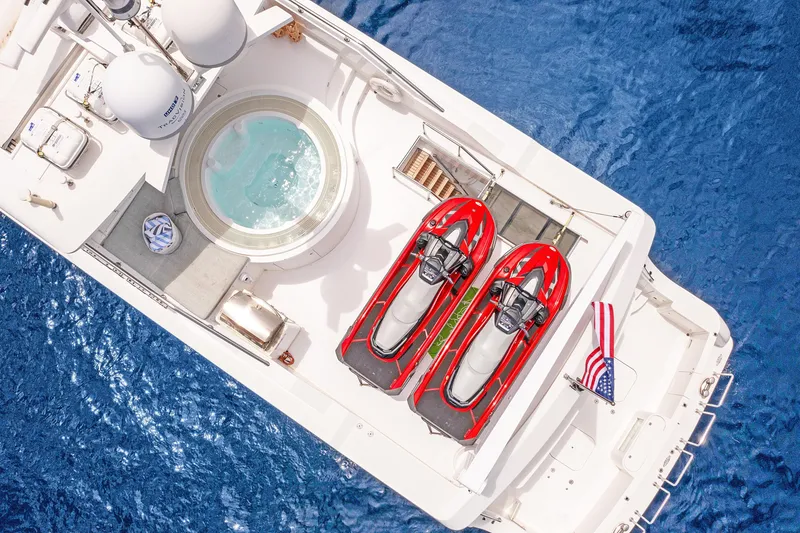 Slide: The Image of Aerial view of 2009 Hargrave Raised Pilothouse yacht with jacuzzi and jet skis. - 27