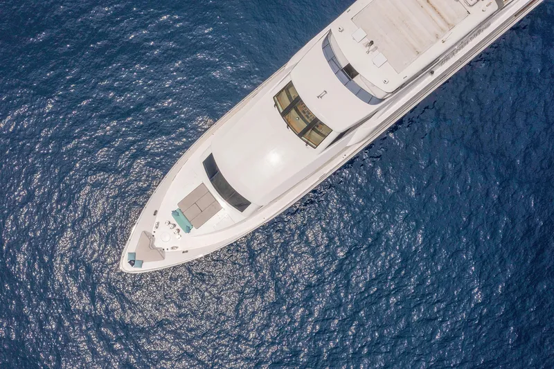 Slide: The Image of Aerial view of 2009 Hargrave Raised Pilothouse yacht on blue ocean water. - 35