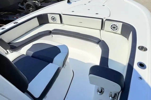 Slide: The Image of 2024 Tidewater 2700 Carolina Bay boat seats with white and black upholstery. - 21