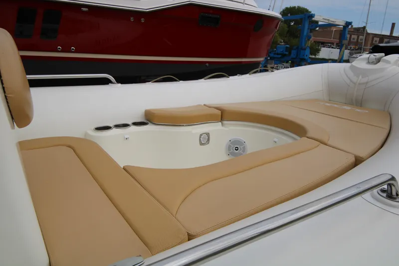 Slide: The Image of 2011 Zodiac Medline 550 NEO inflatable boat with Yamaha outboard motor on trailer. - 11