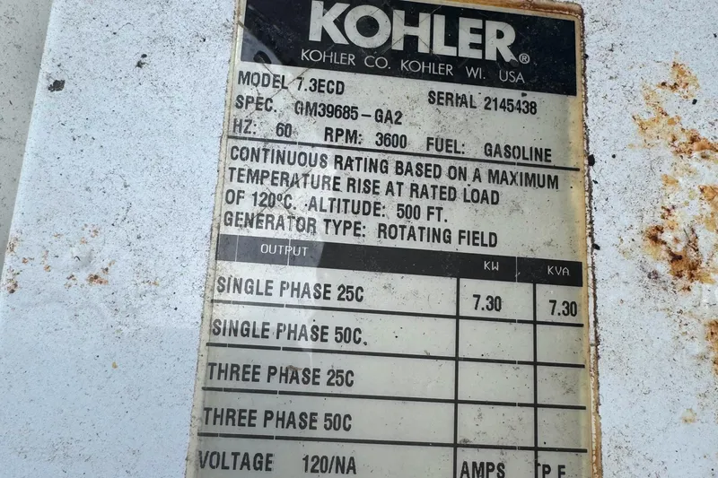 Slide: The Image of Kohler generator label detailing specifications and output, including model 7.3ECD, gasoline fuel. - 20