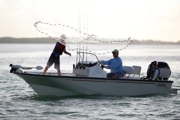 Slide: The Image of Manufacturer Provided Image: 2019 Boston Whaler 170 Montauk boat with people fishing on calm water. - 10