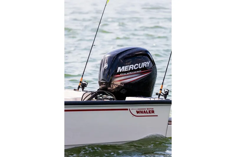 Slide: The Image of Manufacturer Provided Image: 2019 Boston Whaler 170 Montauk with Mercury outboard motor on water. - 26