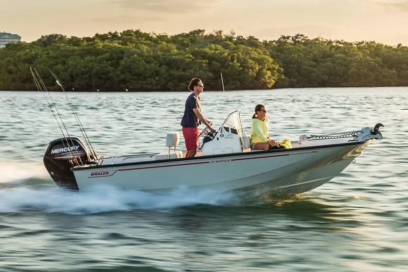 Slide: The Image of Manufacturer Provided Image: 2019 Boston Whaler 170 Montauk boat cruising on water with two passengers. - 9