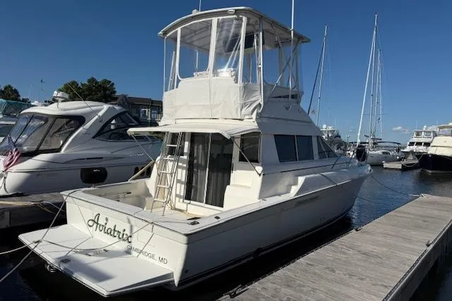 Slide: The Image of 2000 Silverton 37 Convertible yacht docked at marina, surrounded by other boats. - 2