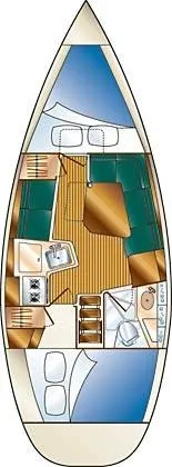Slide: The Image of Interior of 2002 Hunter 306 sailboat with wooden furnishings and blue seating. - 6