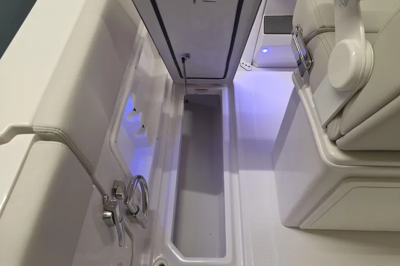 Slide: The Image of 2026 Sailfish 252 CC boat interior with storage compartment and seating. - 7
