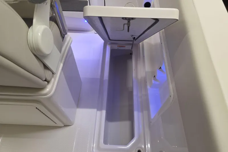 Slide: The Image of Open storage compartment on 2026 Sailfish 252 CC boat with blue LED lighting. - 8