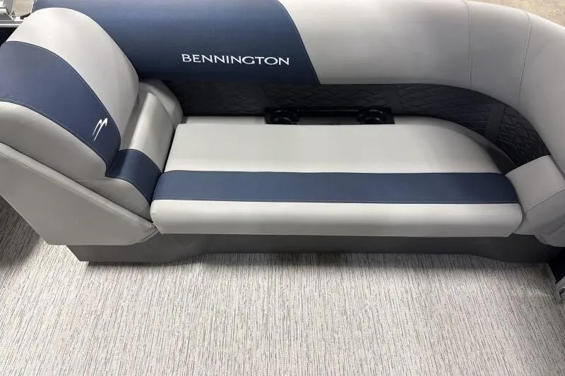 Slide: The Image of 2026 Bennington 23 SSRSF boat seating, featuring gray and blue upholstery. - 20