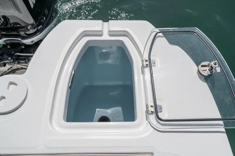 Slide: The Image of 2018 Boston Whaler 315 Conquest livewell with open lid, showcasing interior. - 10