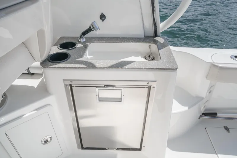 Slide: The Image of 2018 Boston Whaler 315 Conquest boat sink and storage area by the water. - 31