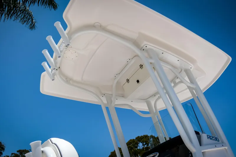 Slide: The Image of 2025 Robalo R230 Center Console boat with T-top against clear blue sky. - 10