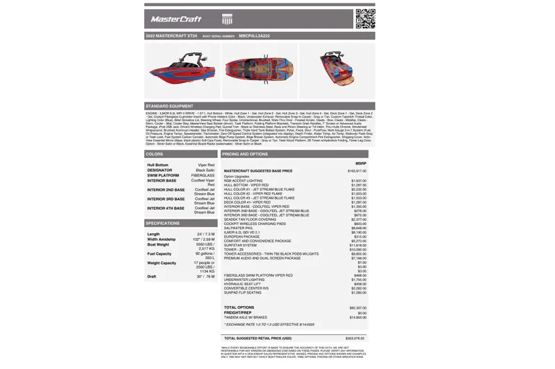 Slide: The Image of 2022 MasterCraft XT24 boat specifications and pricing details, featuring vibrant design and advanced features. - 103