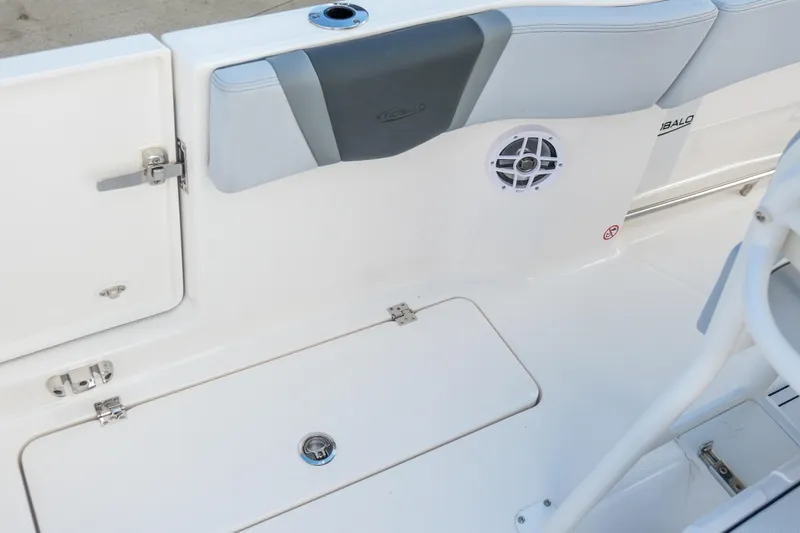 Slide: The Image of 2025 Robalo R250 Center Console boat interior with storage and speaker. - 10
