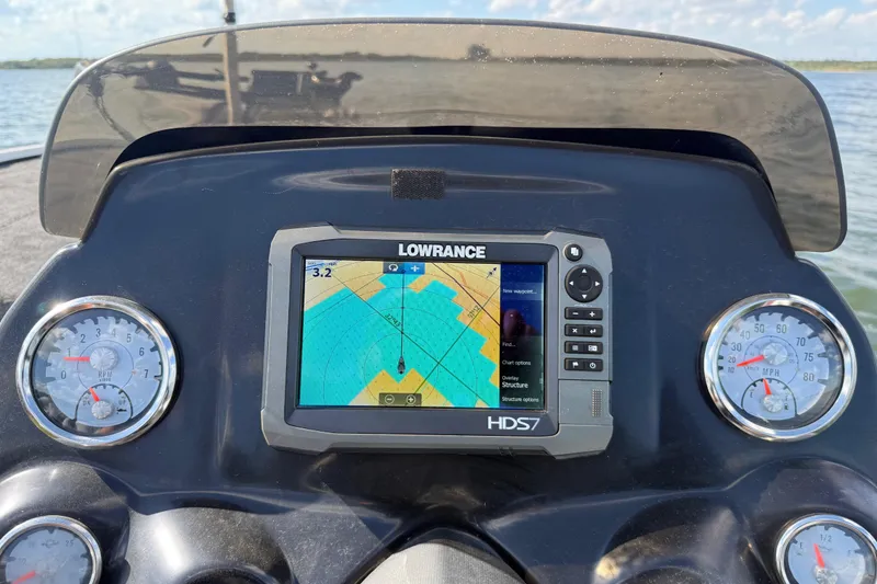 Slide: The Image of Boat navigation system displaying a detailed map on a Lowrance Eagle 9 device. - 84