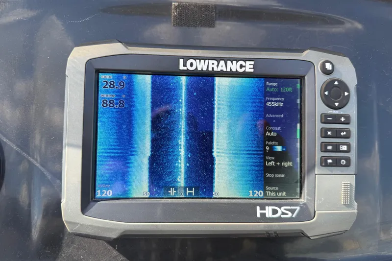 Slide: The Image of Fishfinder display on a 2015 Nitro Z-8 boat, showing sonar readings. - 86