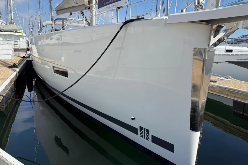 Slide: The Image of 2020 Dufour 430 sailboat gliding on water at sunset. - 5