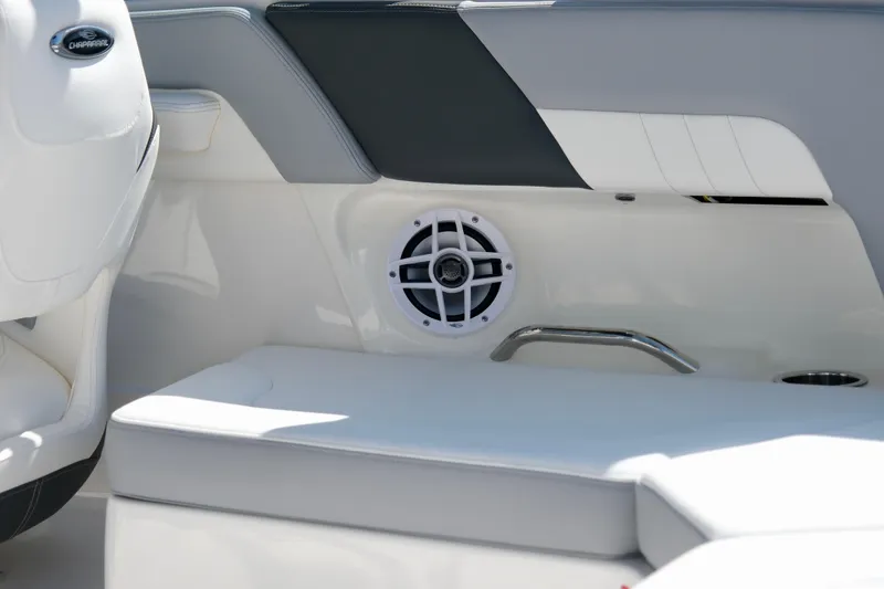 Slide: The Image of Interior of 2025 Chaparral 23 SSi boat with speaker and seating. - 15