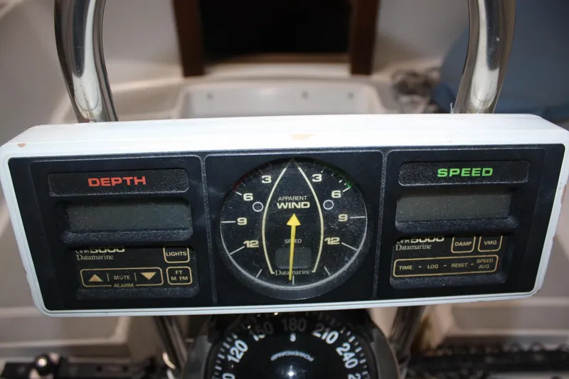 Slide: The Image of 1986 J Boats J/28 cockpit instruments showing depth, speed, and wind direction gauges. - 43