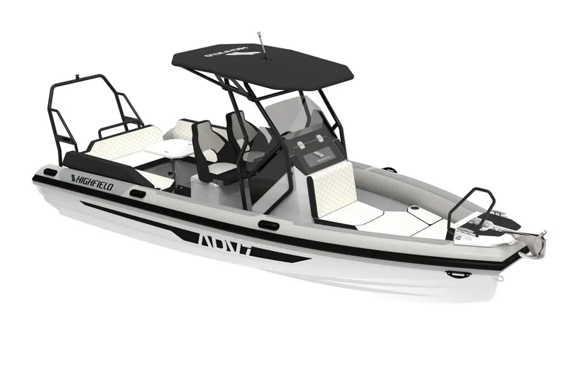Slide: The Image of 2026 Highfield ADV 7 boat displayed indoors at a marine exhibition. - 2
