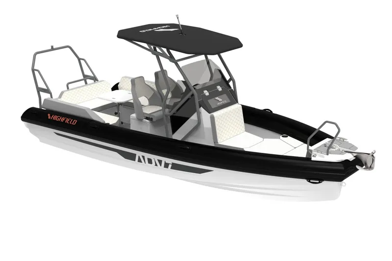Slide: The Image of 2026 Highfield ADV 7 boat with Mercury outboard motor displayed indoors. - 5