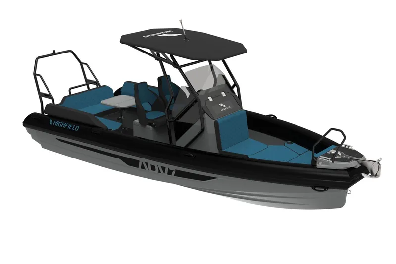 Slide: The Image of 2026 Highfield ADV 7 boat dashboard with Mercury controls at a boat show. - 7