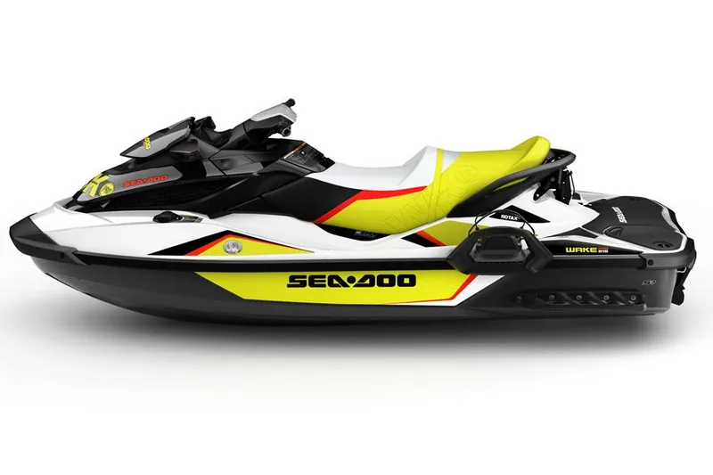 Slide: The Image of 2014 Sea-Doo Wake Pro 215 jet ski, white and yellow design, side view. - 20