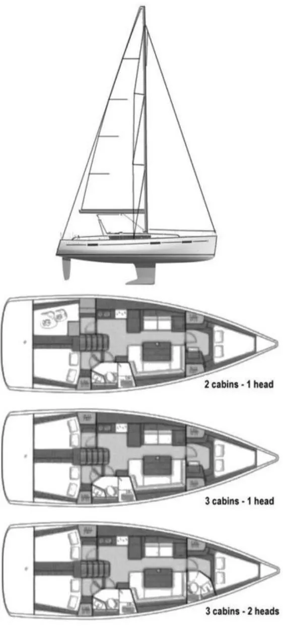 Slide: The Image of Beneteau Oceanis 41 sailboat layout options: 2 cabins 1 head, 3 cabins 1 head, 3 cabins 2 heads. - 2
