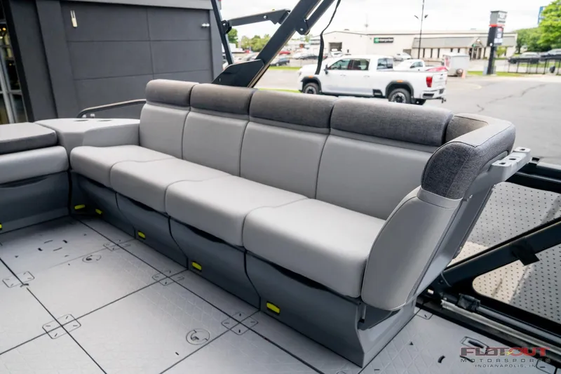 Slide: The Image of 2024 Sea-Doo Switch SPORT 21 interior seating, featuring modern gray upholstery and spacious design. - 15