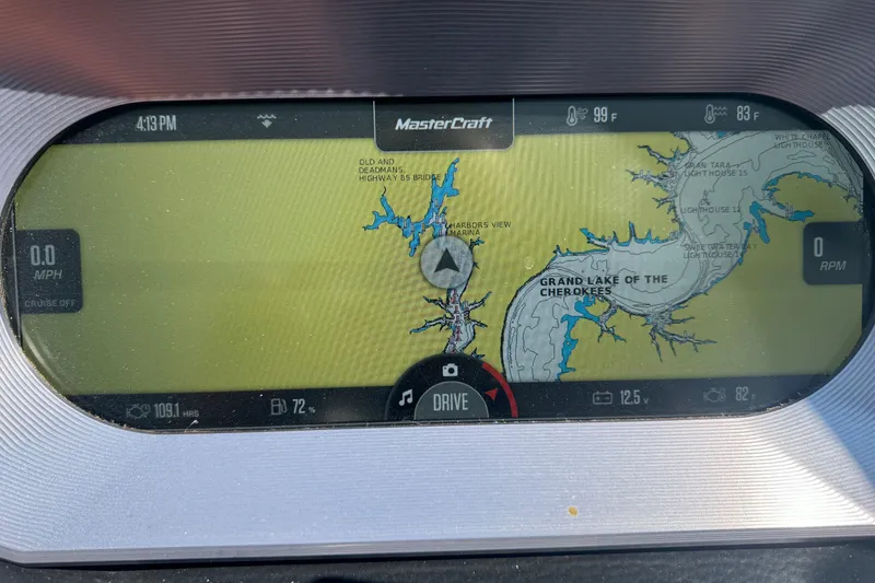 Slide: The Image of MasterCraft X24 2022 dashboard displaying navigation map of Grand Lake of the Cherokees. - 9