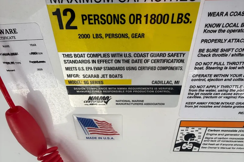 Slide: The Image of Scarab 235SE 2025 boat capacity label, 12 persons or 1800 lbs, safety compliance details. - 16