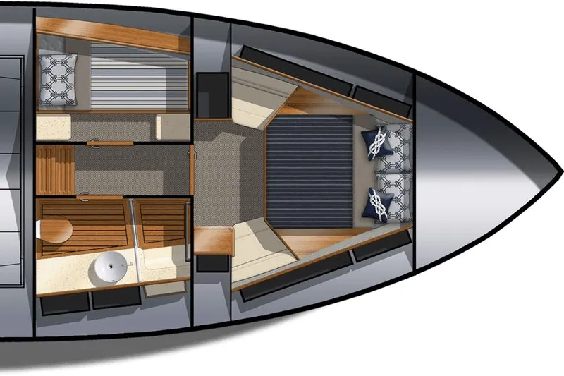 Slide: The Image of 2015 Palm Beach Motor Yachts 45 Sedan interior layout, featuring bedrooms and bathroom. - 63