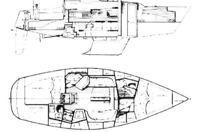 Slide: The Image of Blueprint of 1995 Tartan 3100 sailboat, showing interior layout and side profile. - 44