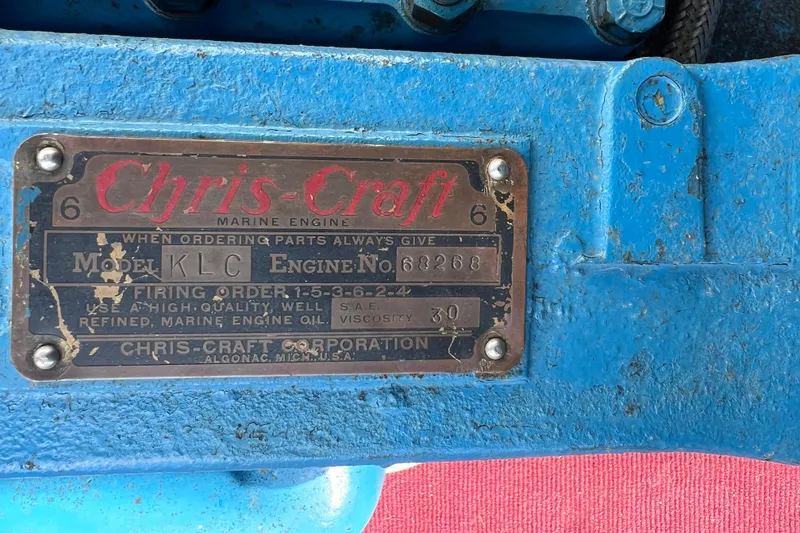 Slide: The Image of 1955 Chris-Craft 17 Cavalier marine engine plate, model KLC, engine number 68268. - 12