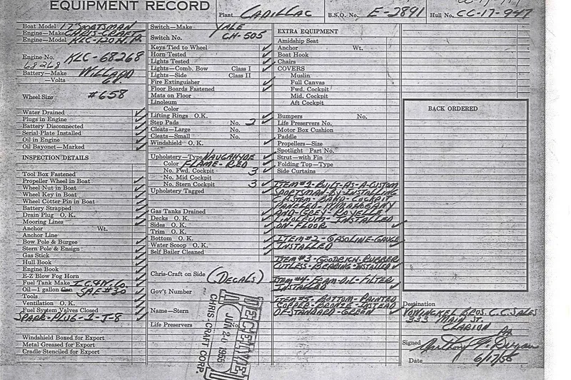 Slide: The Image of 1955 Chris-Craft 17 Cavalier equipment record with detailed specifications and inspection notes. - 5