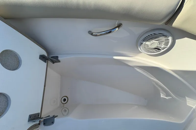 Slide: The Image of Interior of 2015 Pursuit DC 265 Dual Console boat, featuring speaker and storage compartment. - 38