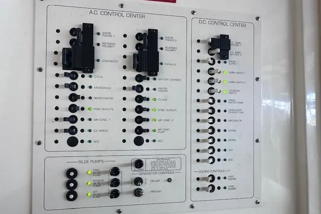 Slide: The Image of Control panel of a 1994 Mainship 40 Sedan Bridge boat, featuring AC and DC systems. - 28