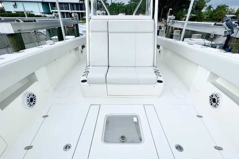 Slide: The Image of 2015 SeaVee 39Z boat electronics compartment with Simrad navigation systems. - 39
