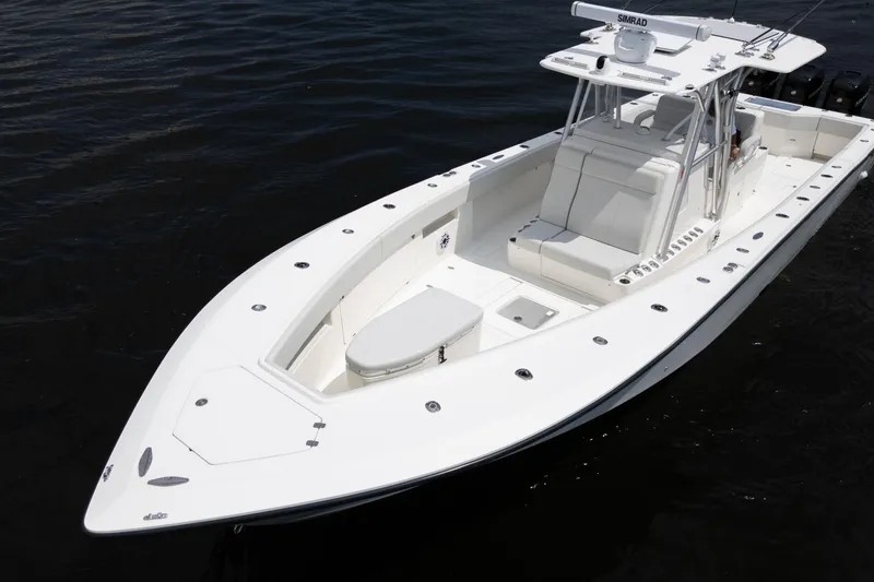 Slide: The Image of Simrad marine electronics installed in a 2015 SeaVee 390Z boat, showcasing wiring and connections. - 53