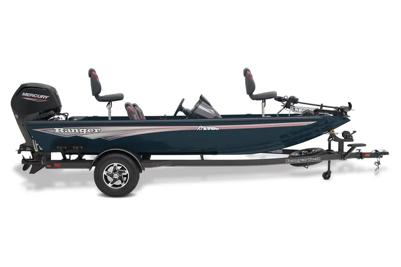 Slide: The Image of 2025 Ranger RT178C boat with outboard motor, parked on a trailer in a lot. - 1