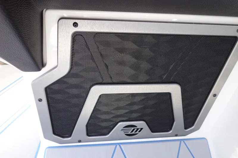 Slide: The Image of 2025 Malibu M230 speaker grille with sleek, modern design and metallic accents. - 19