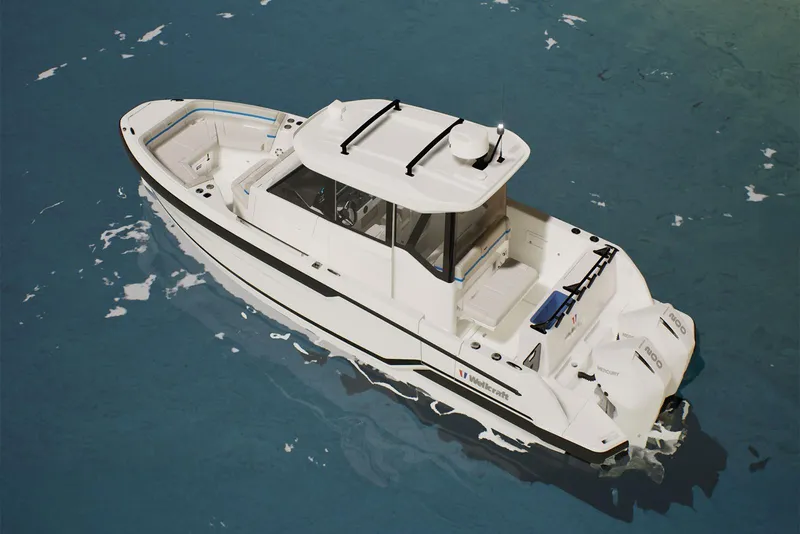 Slide: The Image of 2026 Wellcraft 28 Explorer boat, sleek white design, side view. - 13