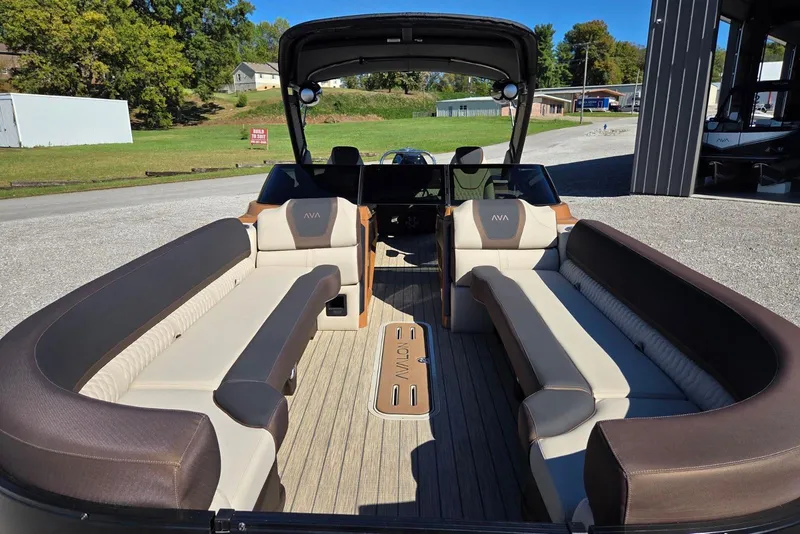 Slide: The Image of 2026 Avalon Platinum Catalina 2785 Elite Windshield boat interior with luxurious seating and sleek design. - 7