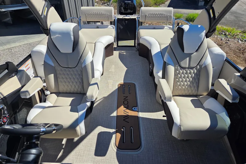 Slide: The Image of Luxurious interior of 2026 Avalon 2785 Excalibur LTD Windshield Quad Lounger boat. - 11