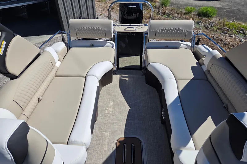 Slide: The Image of Luxurious seating on 2026 Avalon 2785 Excalibur LTD Windshield Quad Lounger boat. - 15