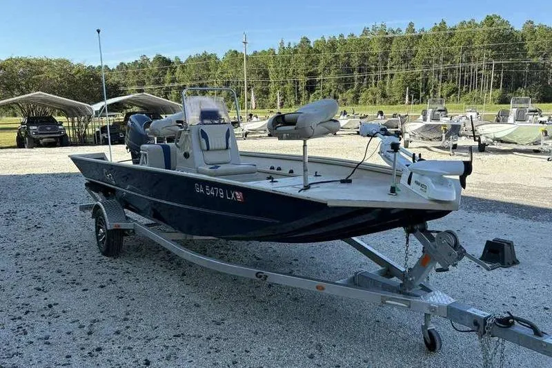 Slide: The Image of 2021 G3 Bay 17 boat on trailer in outdoor lot. - 6